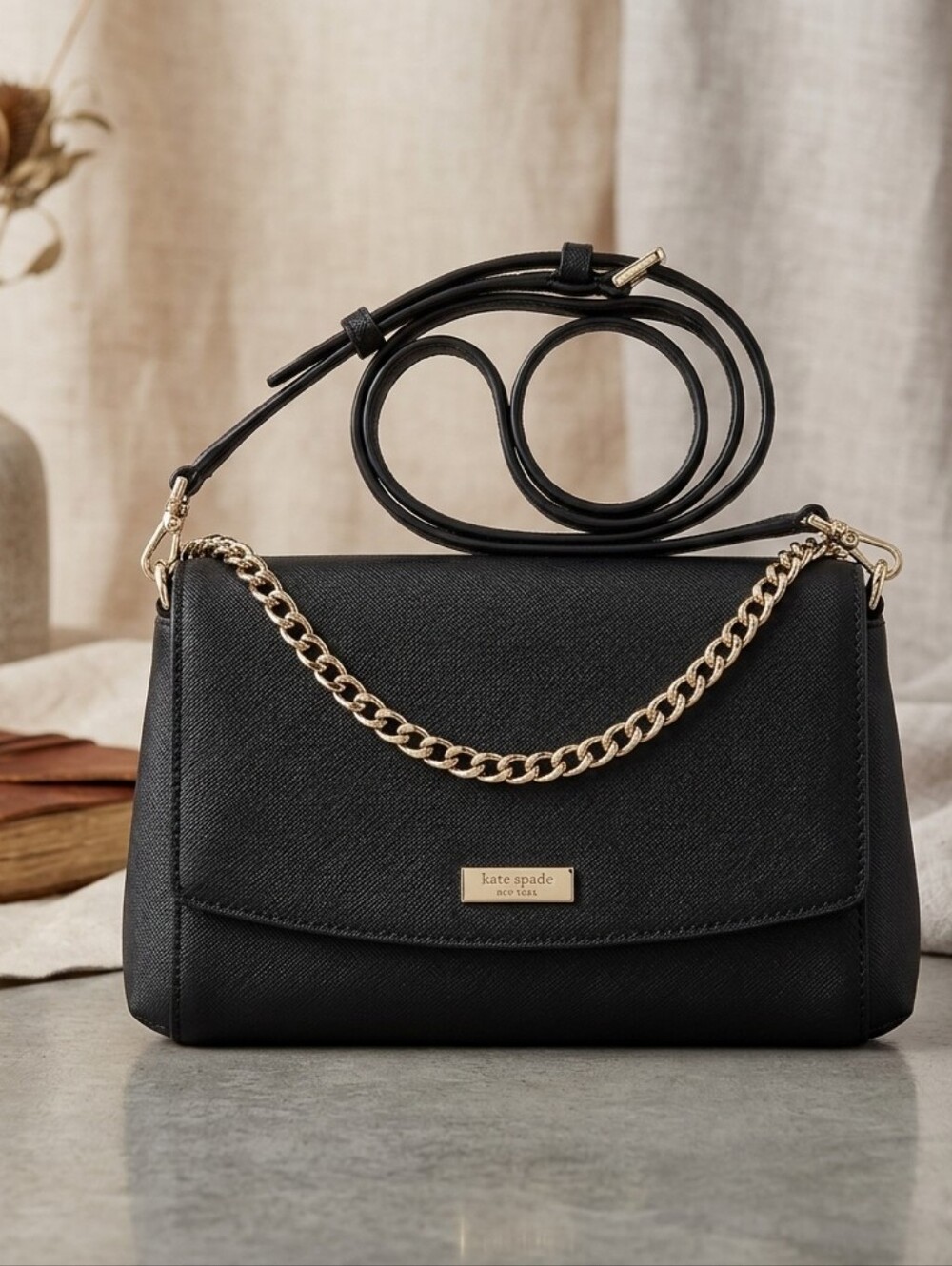 Kate Spade Black Saffiano Leather Crossbody Chain Strap Bag